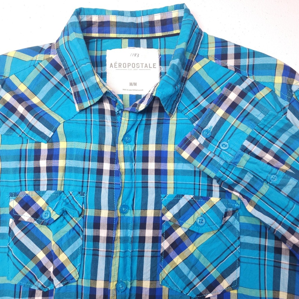 Aeropostale Kids Shirt Medium Blue Plaid Cotton Button Up Long Sleeve